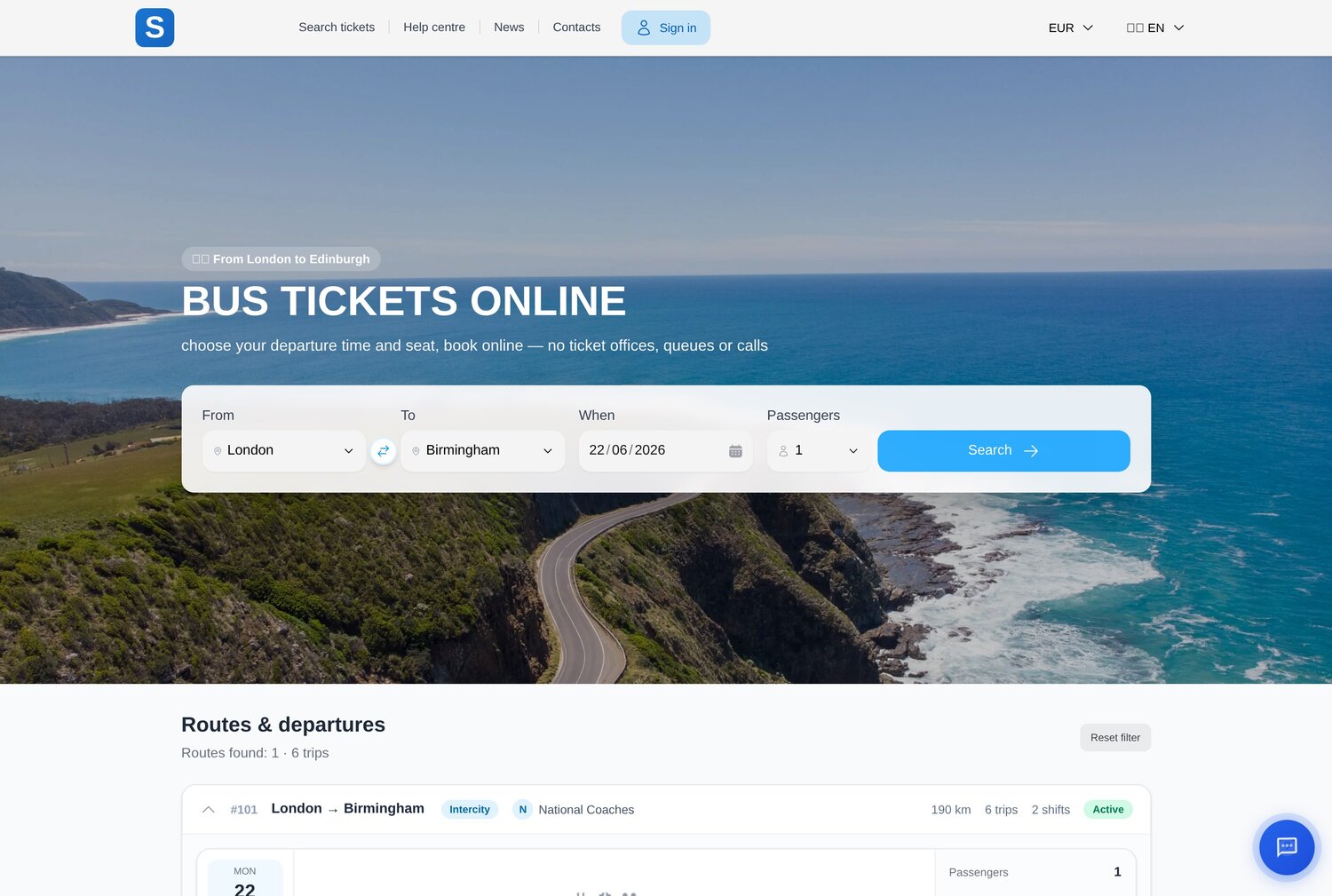 InfoTransPort online ticketing — searching for trips and booking a journey